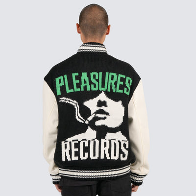 PLEASURES SMOKE KNITTED VARSITY JACKET (BLACK)